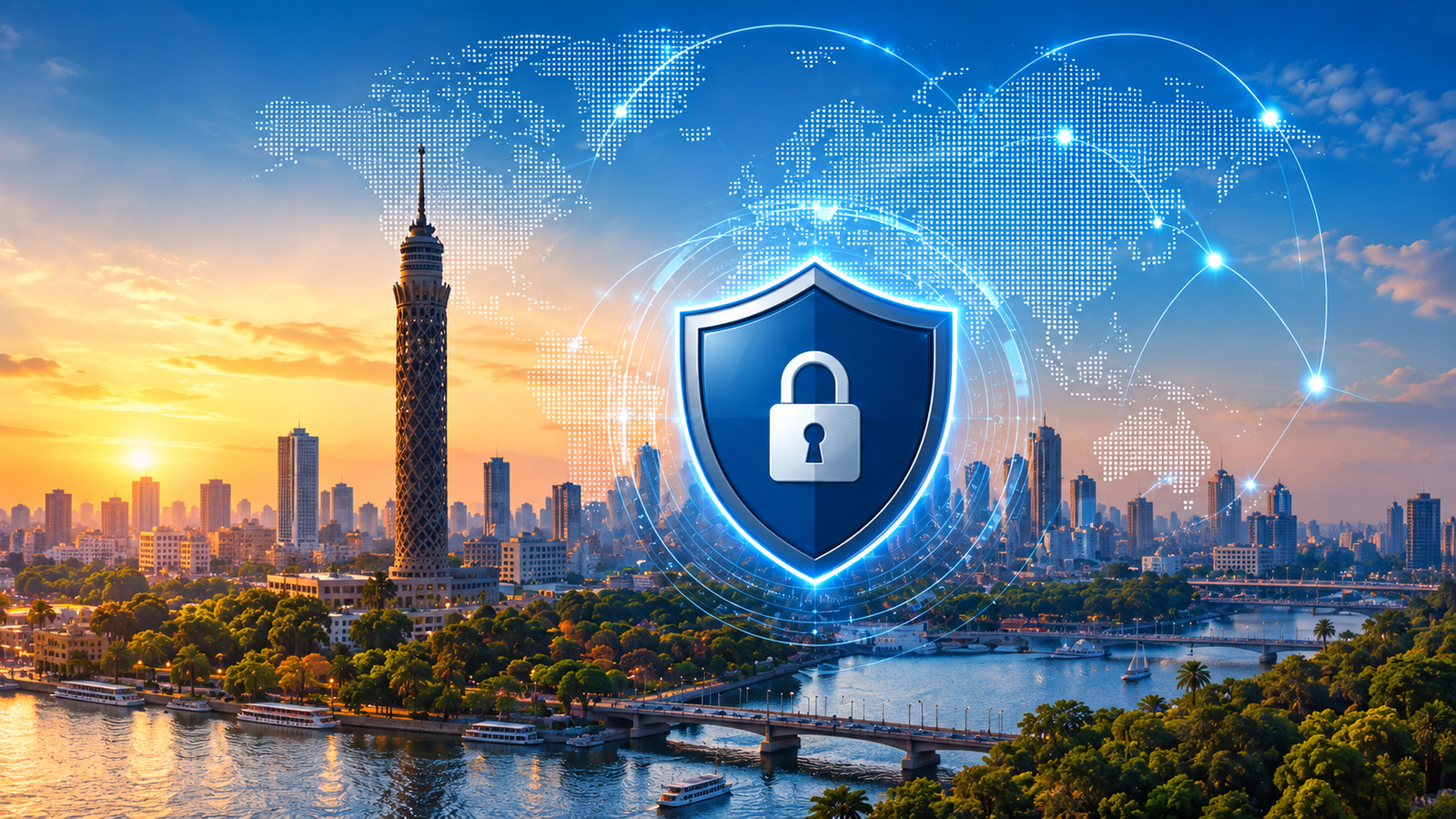 Cairo skyline with a digital shield representing verification in Egypt